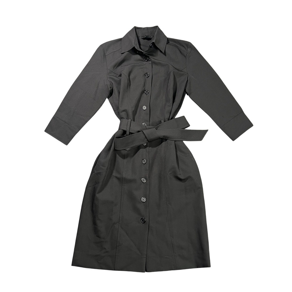 NWT ICO Uniforms Womens XS Black Button Front Shirt Dress 3/4 Sleeve Belted Midi